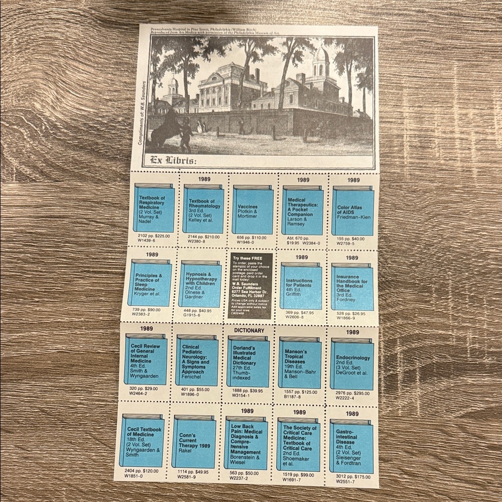 1989 W.B. Saunders order form - a collection of promo medical textbook stamps